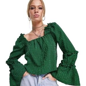 Topshop Check Tiered Sleeve Chuck on Top in Green